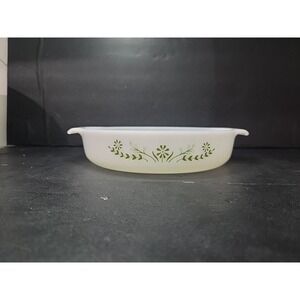 Pyrex Glasbake Round Casserole Dish, Green Daisy Design, Milk Glass Vintage Dish